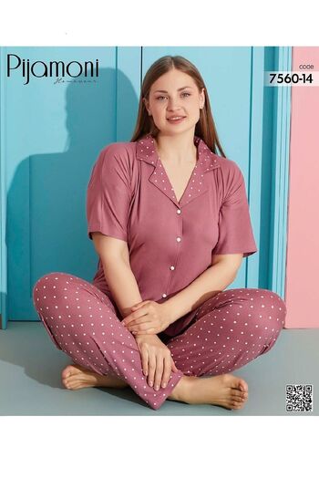 Pijamoni Women's Oversize Buttoned Modal Short Sleeve Pajama Set 7560-14