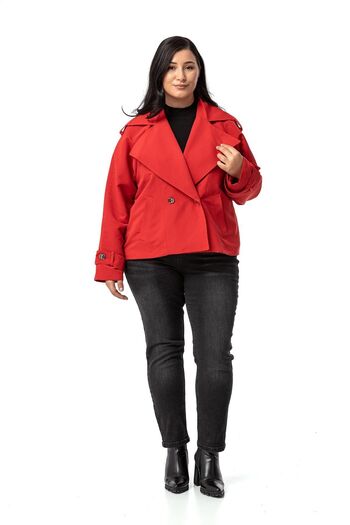 DISENTIS MODEST Red Oversize Large Size Mono Collar Trench Coat - Lined with Epaulettes and Pockets