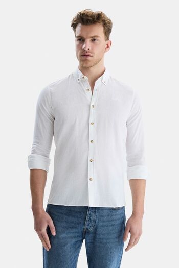 UCLA Jacquez White Linen Embroidered Men's Shirt - Standard Fit