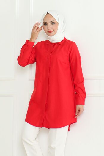 Eliva Red Terikoton Hidden Button Boyfriend Hijab Shirt - for Women