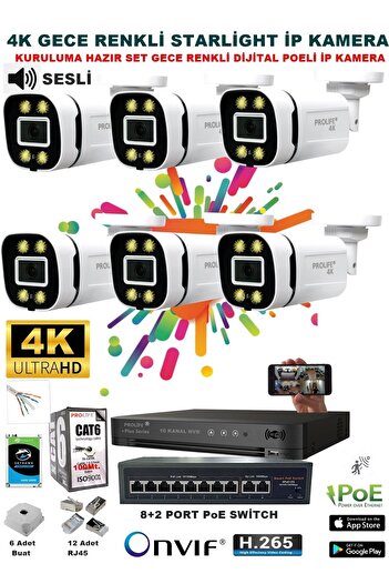 PROLİFE 6 Kameralı Sesli 4k 1440p Full Hd Poeli Ip Kamera Gece Renkli Ultra Hd Çözünürlük Kamera Sistemi