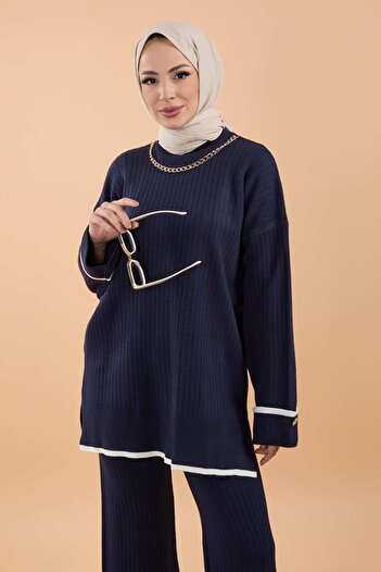 TOFİSA Navy Blue Women's Knitwear Tunic - Crew Neck, Trousers - 23791