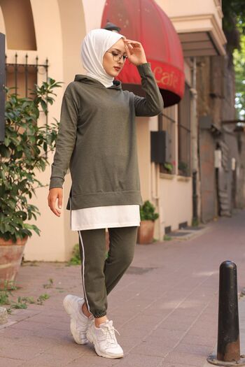 TOFİSA Khaki Women's Tunic Trousers Straight Hooded Collar - 8330