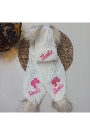 MARS BABY Baby Girl Kid Barbie Figure Cream Double Pompom Scarf Beanie Set