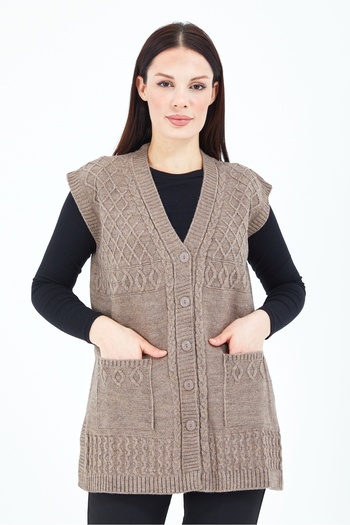 Fresh&Moda Women's Mink V-Neck Buttoned Pocket Knitted Wool Mother Knitwear Vest
