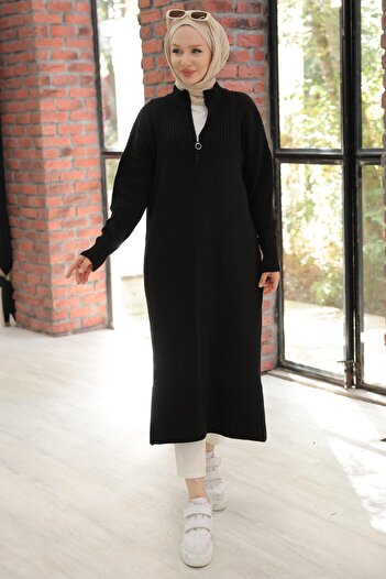 hafsamina Fermuarlı Uzun Triko Tunik Siyah HM2529