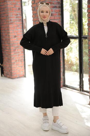 hafsamina Fermuarlı Uzun Triko Tunik Siyah HM2529