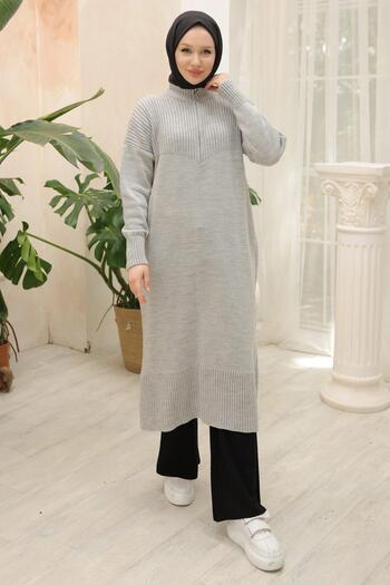 hafsamina Gray Long Knitwear Tunic - Zippered Hm2529