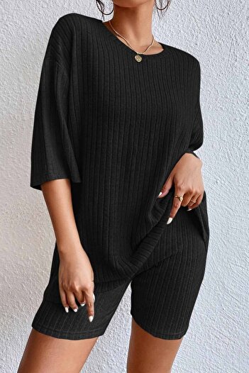 Merry See Short Sleeve Knitted Shorts Set - Top and Bottom Set