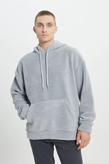 AC&Co / Altınyıldız Classics Męska jasnoszara, oversize’owa, luźna bluza polarowa z kapturem typu sherpa