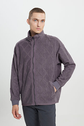 AC&Co / Altınyıldız Classics Men's Dark Gray Oversize Loose Cut Stand Collar Jacquard Fleece Sweatshirt