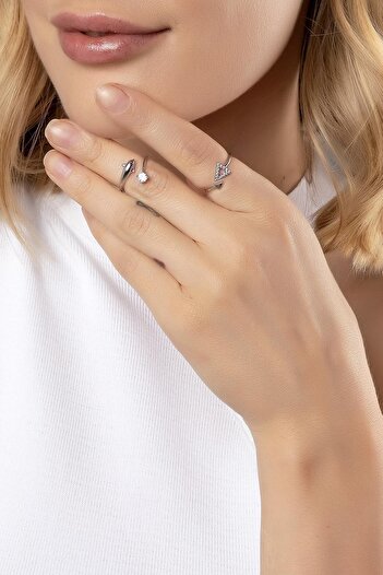 Modex Silver Color Zircon Stone Dolphin Double Ring (Adjustable)