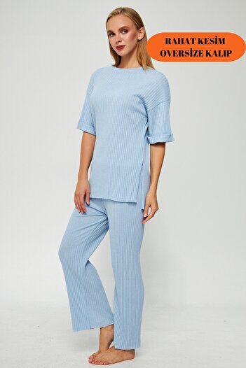 Oyga Set de trening și pijama pentru femei A.Blue cu mânecă scurtă din Lycra cu nervuri - Design raportat