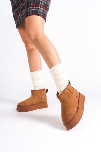 Preshley Μίνι μποτάκια Palermo Tan Suede - Με γούνα στο εσωτερικό, χοντρή σόλα (4,5 cm)