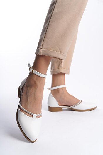 Preshley Women's Trey White Skin Stone Detailed Open Sides Ballerinas