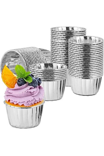 Evim Sepette 25-Piece Silver Gray Metalized Muffin Cupcake Cake Mold - Can Enter the Oven, Container Capsule, 6.5X4 cm