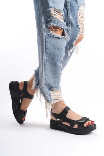 Preshley Women's Aston Black Comfort Orthopedic Sole Velcro Sandals