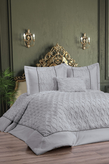 Çt Çeyizci Tekstil Çift Kişilik Yatak Örtüsü Gri 3 Parça Yatak Örtüsü Şönil Yatak Örtüsü Bedspread