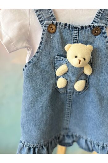 LisaLoom Cute Teddy Bear Denim Dress 2-Piece Set