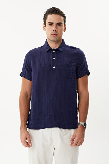 hateko 100% Cotton Navy Blue Muslin Polo Neck T-Shirt