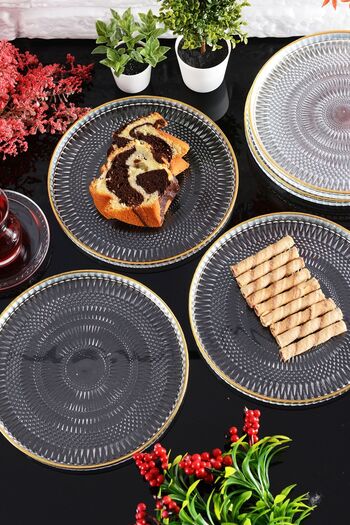 ANGDESİGN Angdesign Marseille Glass Cake-Cake-Dessert Plate 6 Pieces Transparent/Golden Gilt-21 Cm