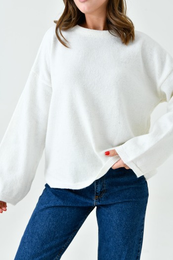 bayansepeti Ecru Oversize Knitwear Sweater - Off Shoulder, Spanish Sleeve, Crew Neck, Long Sleeve 4091