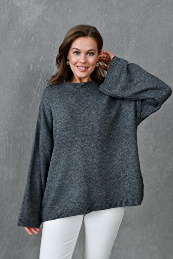 vuvutasarım Crew Neck Long Sleeve Antresit Oversize Knitwear Sweater - Wide Sleeve, Off Shoulder 4091