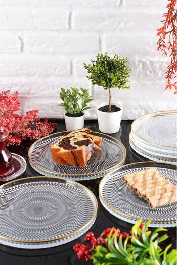 ANGDESİGN Angdesign Marseille Glass Cake-Cake-Dessert Plate 6 Pieces Transparent/Golden Gilt-21 Cm