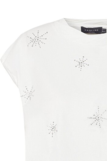 Exquise Ecru Stone Detailed Regular Crew Neck T-Shirt