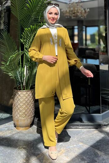 julude Stone Embroidered Oil Green Blouse, Jacket and Trousers - Hijab Triple Set