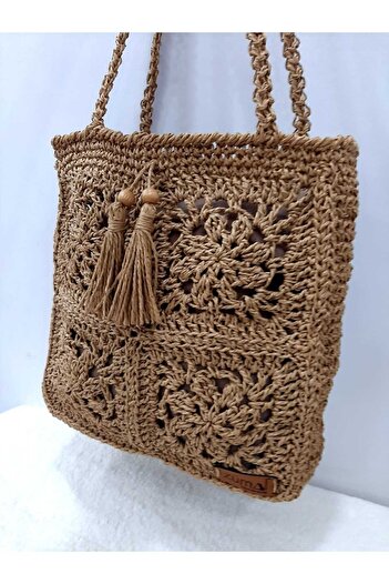 ZÜMAL Hand Knitted Paper Thread Women's Shoulder Bag with Design Motif (Color Straw)