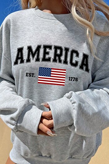 MODAGEN Unisex Grimelanj Bisiklet Yaka America Baskılı Oversize Sweatshirt