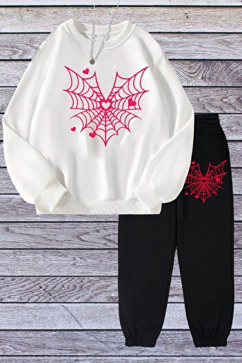 LePold White and Black Spider Pattern Oversize Sweatshirt and Tracksuit Set - 3 Thread