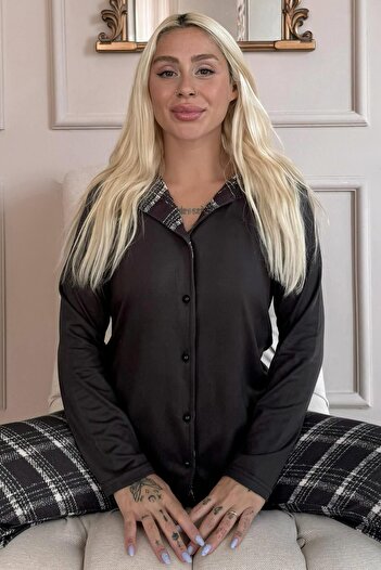 Pijamaevi Комплект дамска пижама Thermal Black Rutete с шарки - закопчана отпред