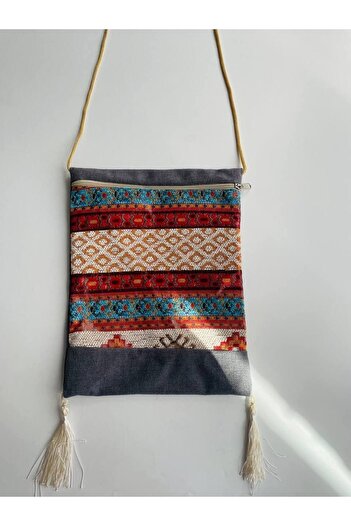 GALATA GIFT Kilim Patterned, Tasseled, Zippered, Shoulder Bag, 25x20
