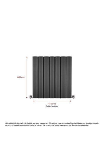 Hammam 600x475mm Amber Yatay Antrasit Alüminyum Radyatör Standart Bağlantı