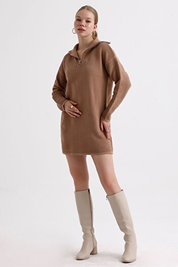 MD trend Patterned Zippered Oversize Knitwear Women's Tunic Dress