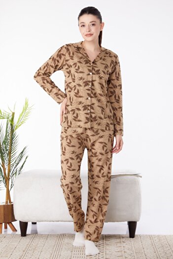 TOFİSA Brown Long Sleeve Plain Medium Women's Pajamas Set - 25356
