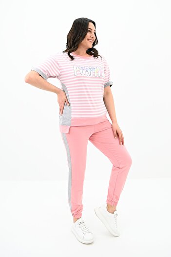Koza Butik Γυναικείο Σετ Φούτερ με ρίγες Plus Size 8106-24