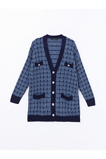 LC Waikiki Klassische schwarze Jacquard-Strickjacke mit V-Ausschnitt und Karomuster für Damen