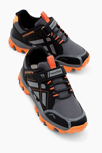 Tonny Black Çocuk Unisex Füme Oranj Termo Taban Su İtici Kumaş Cırtlı Trekking Ayakkabı