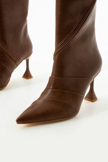 Gökçe Shoes Tan Emma Pleat Detailed Zippered Women's Heeled Boots