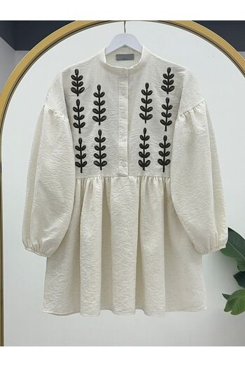 HİJABAYA Linen Tunic - Half Button and Poncho Embroidered