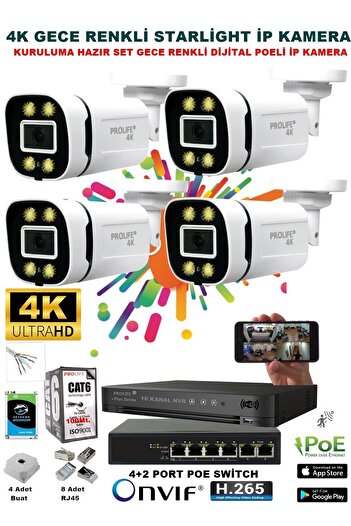 PROLİFE 4 Kameralı Sesli 4k 1440p Full Hd Poeli Ip Kamera Gece Renkli Ultra Hd Çözünürlük Güvenlik Kamerası