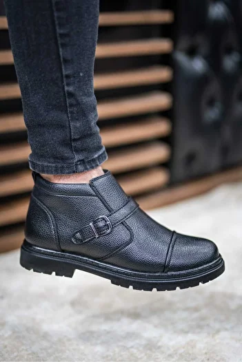 OBAY LİFE Μαύρες ανδρικές δερμάτινες μπότες casual - με αγκράφα και ορθοπεδικές, άνετες OBAY1058