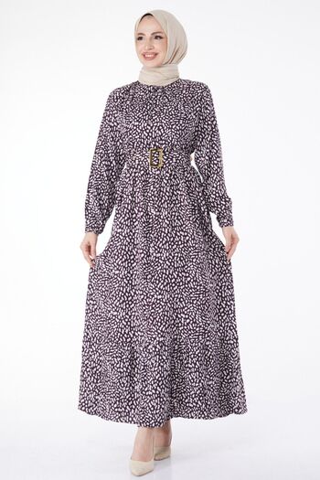 TOFİSA Plain Crew Neck Women's Plum Belted Patterned Dress - 24941