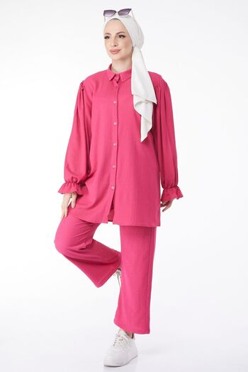 TOFİSA Plain Shirt Collar Women's Fuchsia Sleeve Frilled Double Set - 24717