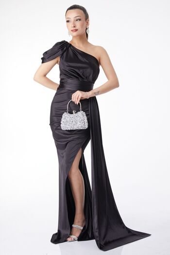 TOFİSA Straight Degaje Collar Women's Black One-Shoulder Drape Slit Evening Dress - 24588