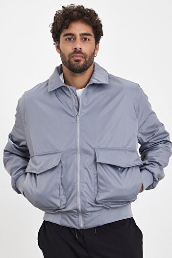 MADZEYMODA Men's Bomber Jacket - New Season, Light Gray, Zippered, Mz56112