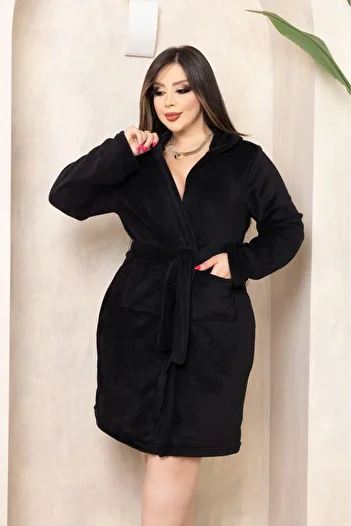 mervemoda Indigo Plush Soft Women's Dressing Gown - Short Design